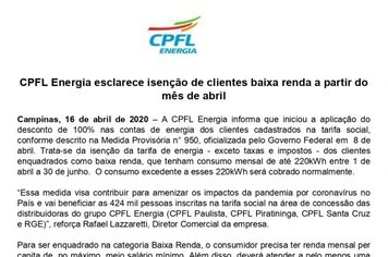CPFL Energia esclarece isenção de clientes baixa renda a partir do mês de abril